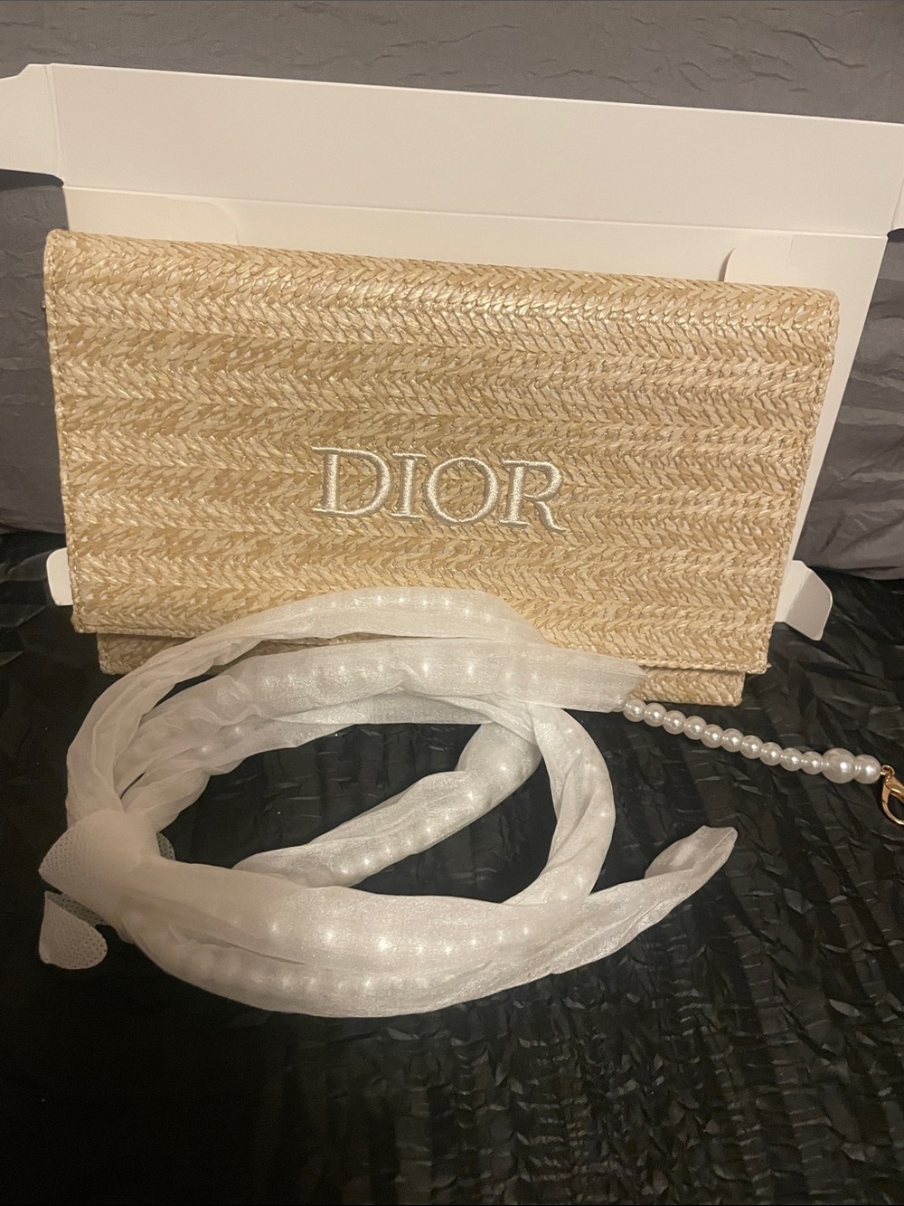 Dior Natural Straw Clutch with Pearl & White Organza Strap